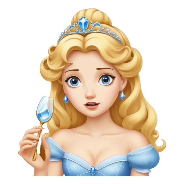 Cinematic Funny Cinderella Portrait Emoji, Stunned expression as she holds a glass slipper much too big, one eyebrow raised, golden curls slightly messy, a mix of royal grace and unexpected humor, capturing a lighthearted twist on her fairy tale moment! sticker