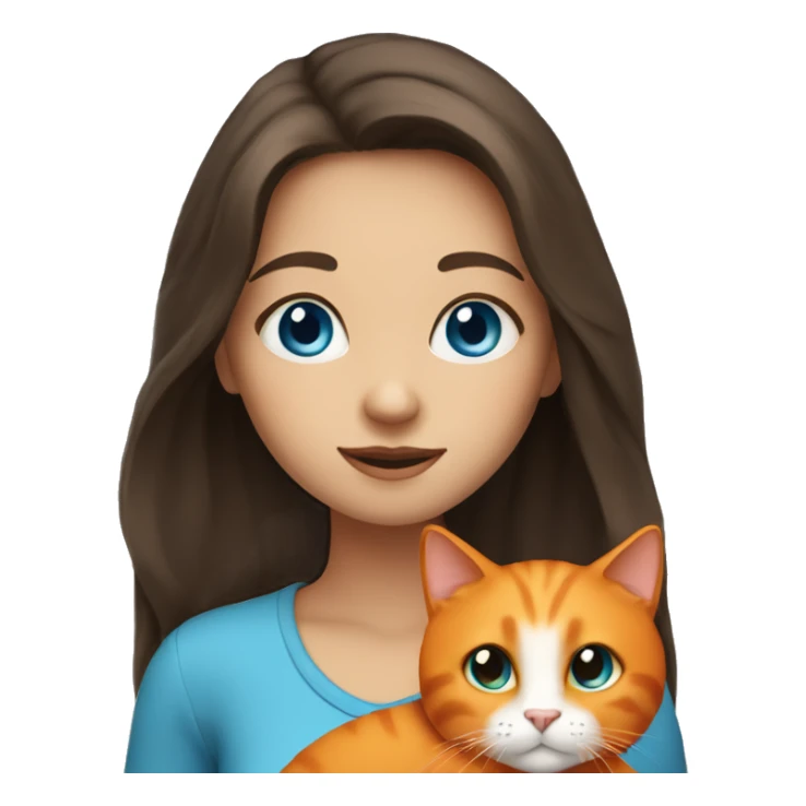 long haired brunette girl with blue eyes holding one orange cat sticker