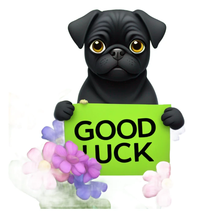 Black pug , surrounded by flowers, holding a green sign that says “good luck”  sticker