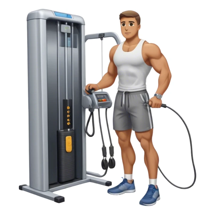 guy standing next to cable-machine with cable tied to ankle for leg-side-raise exercise sticker