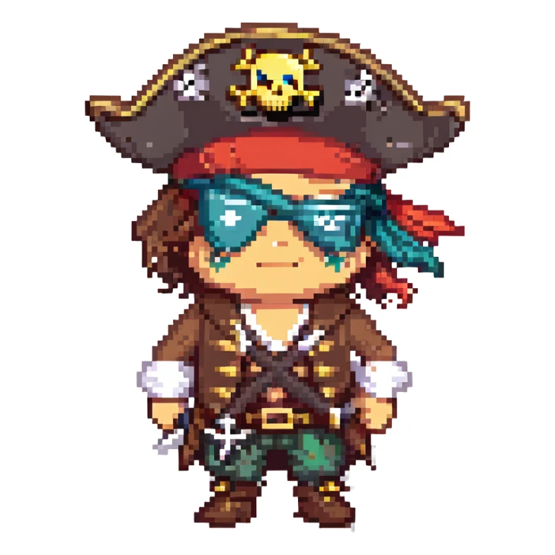 a pirate captain with an eyepatch, pixel art style sticker