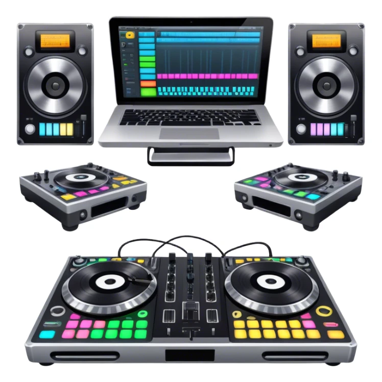Create a professional and technical emoji that represents remixing music. The design should feature a high-end DJ controller, turntables with vinyl records, and a sound mixing console with faders to symbolize the technical aspects of remixing. Include elements like studio headphones and a laptop or digital audio workstation (DAW) screen to reflect the tools used in music production. Use colors like black, silver, and neon accents to convey the professional, high-tech nature of remixing. The background should be transparent. sticker
