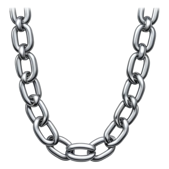 A thick luxury chain emoji made of liquid silver chrome, smooth rounded links, glossy metallic reflections, heavy swag aesthetic, minimalistic iOS emoji style, centered, clean white background sticker