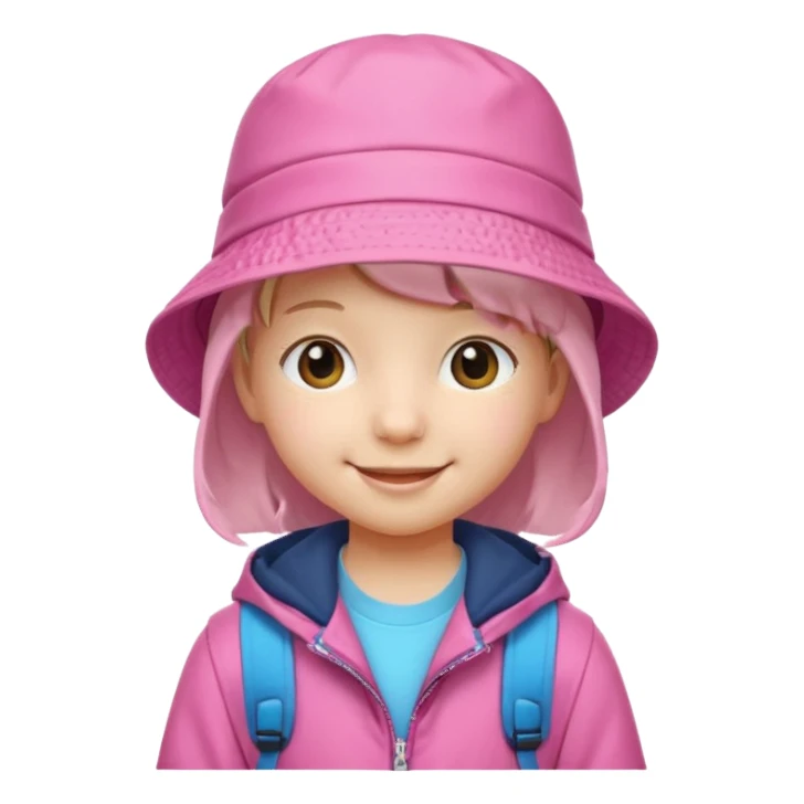 Little student wears pink bucket hat and jacket, backpack, happy sticker