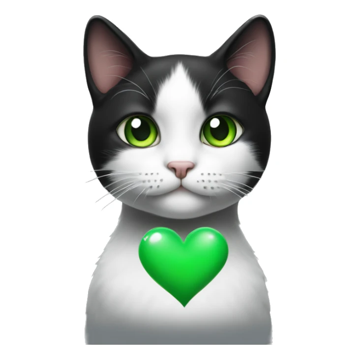 Realistic Black and white cat with green eyes holding a heart sticker