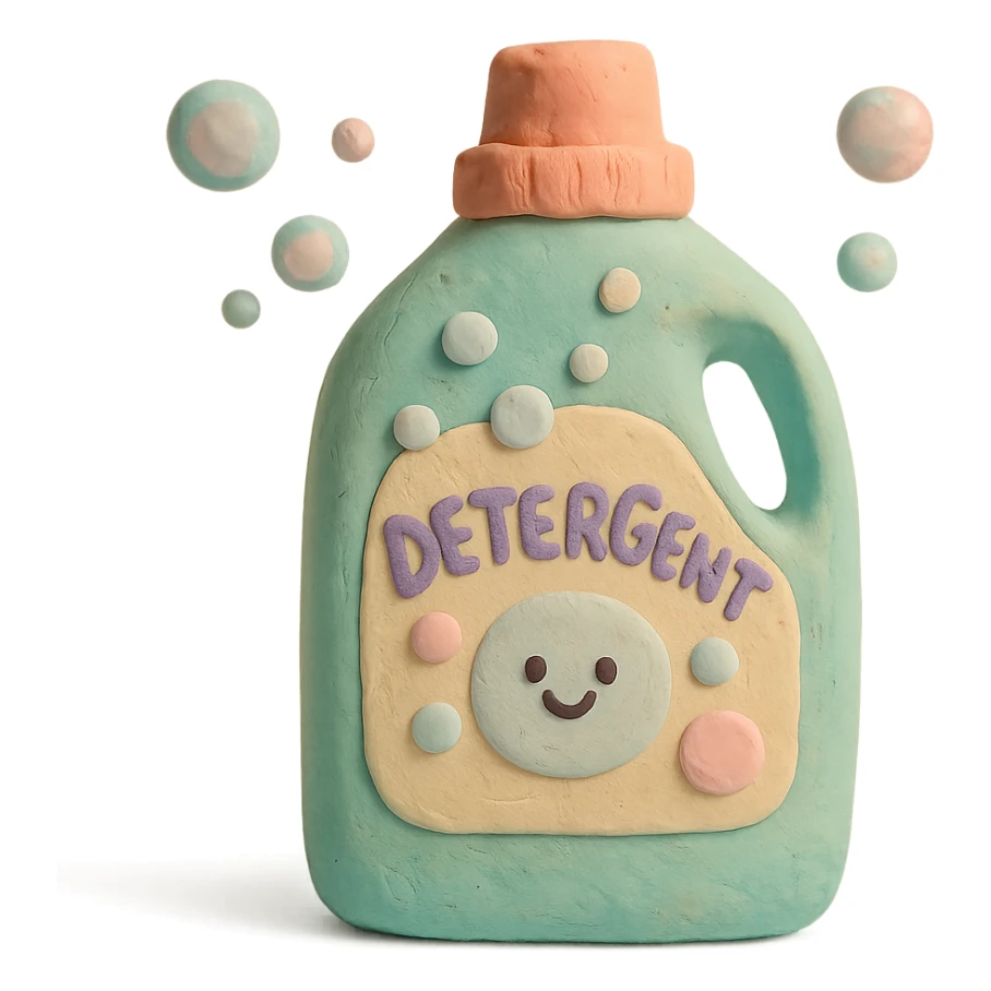 detergent bottle in claymation style with bubbles and a playful label, pastel palette sticker