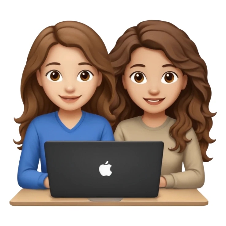 Cute female developer style sitting in front of laptop. No glasses, smiling with long hair waves. Light skin tone in early 20s. One black hair laptop sticker