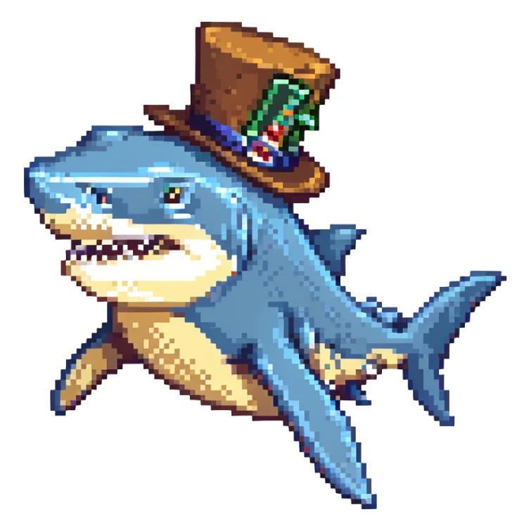 pixel art style blue shark, elegant tophat sticker