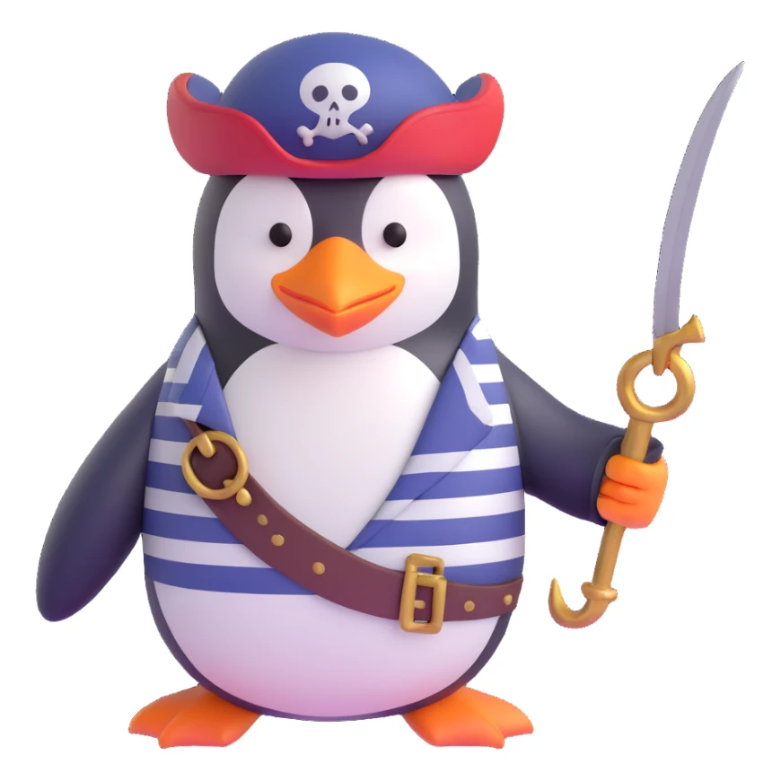 a penguin pirate with a hook hand and striped shirt sticker