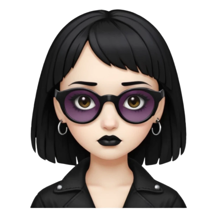 Faça uma moça de cabelo preto micro franja e penteado gótico pálida e com maquiagem gótica pesada olhos castanhos escuro e óculos de sol  sticker