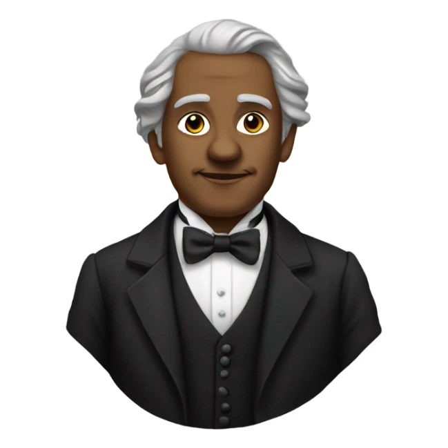 19th century writer in a black tuxedo with a bow tie sticker