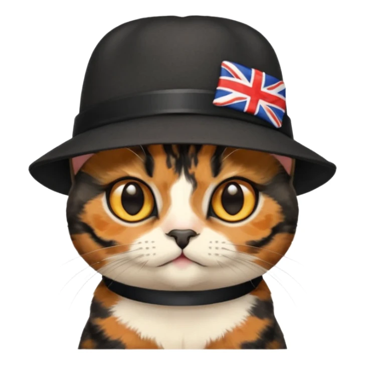 Cute mostly black tortoiseshell kitten wearing a british hat, golden eyes sticker