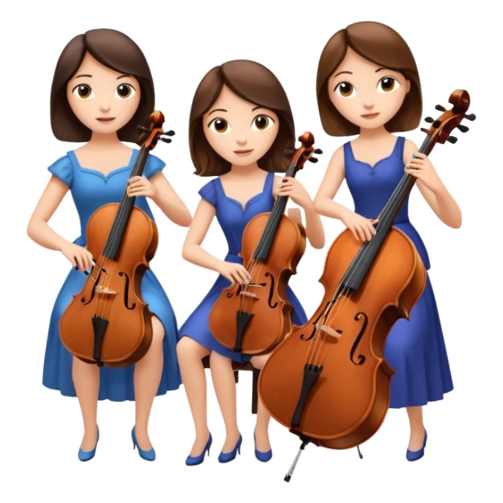 Create an imagine of three brunette women playing string instruments, the first is playing a cello, the second is playing a viola and the third is playing the violin sticker