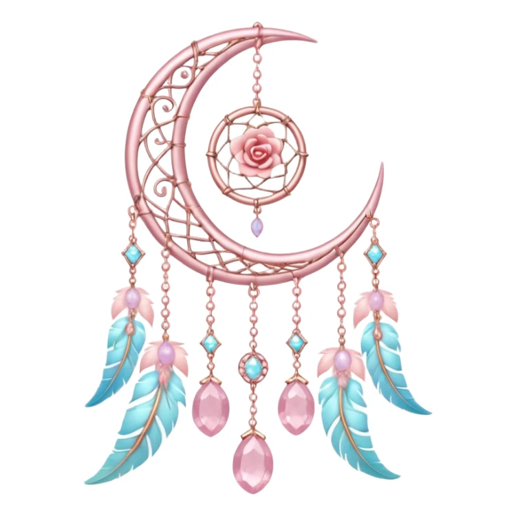 Rosy shiny glossy sparkly romantic pastel crescent damask moon with rose quartz pastel vines pastel gems pastel beads with feathers and chains  suncatcher-dreamcatcher sticker