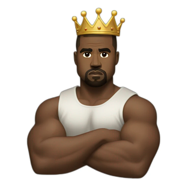 Kanye West flexing his big muscles with a crown sticker