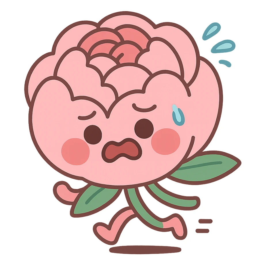 round chibi pastel pink peony flower with blushing cheeks and a panicked expression, rushing with tiny legs, pastel toon style sticker