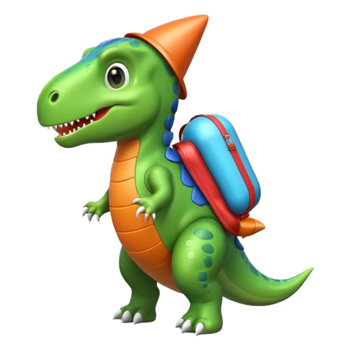 cute toy-like rocket-propelled dinosaur, rounded shapes, glossy texture, colorful rocket backpack, happy expression, 3D cartoon, mobile game icon style, clean background, no text, no watermark
 sticker
