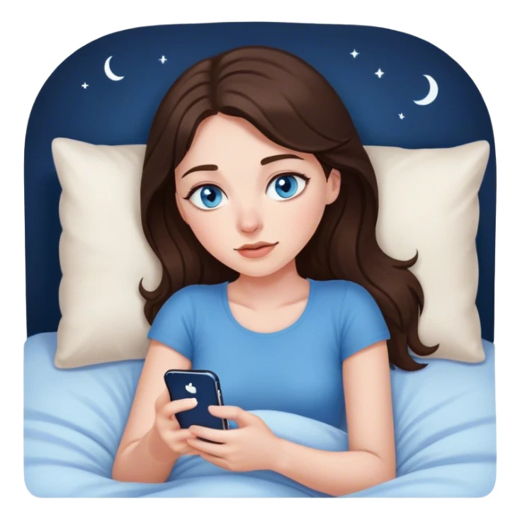 Brunett white girl with blue eyes, laying In bed at night , using her iPhone sticker