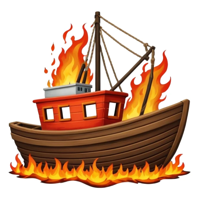 Wooden fishing boat on fire sinking sticker