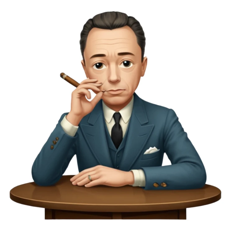 Albert Camus with a small cigar between his fingers, and with his arms folded together on the table. He looks chic, intellectual, philosophical, yet not so serious, thus so having fatal charm and attractive. His posture looks relaxed.  sticker