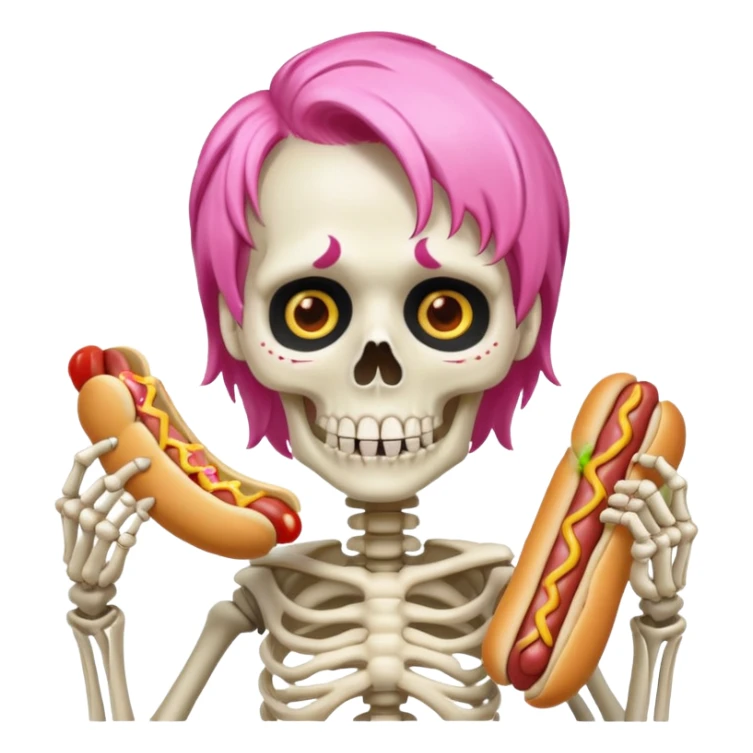 skeleton with pink hair eating a hot dog sticker