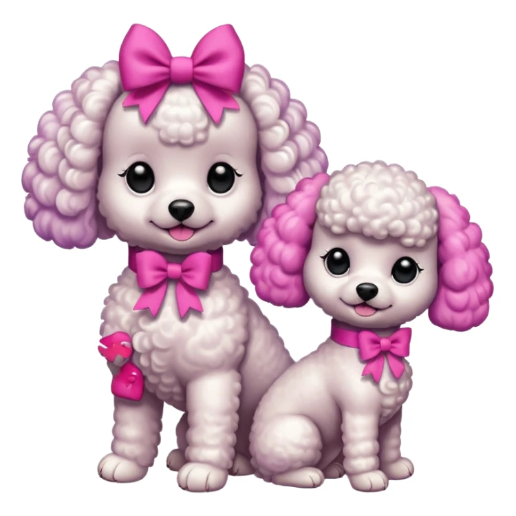 Two white toy poodle–style dogs, fluffy curly fur, round faces, black button eyes. Bright purple ears, hot-pink paws. One taller dog standing upright on hind legs wearing a large pastel pink bow on chest, one smaller round dog sitting. Cute plush emoji style. sticker