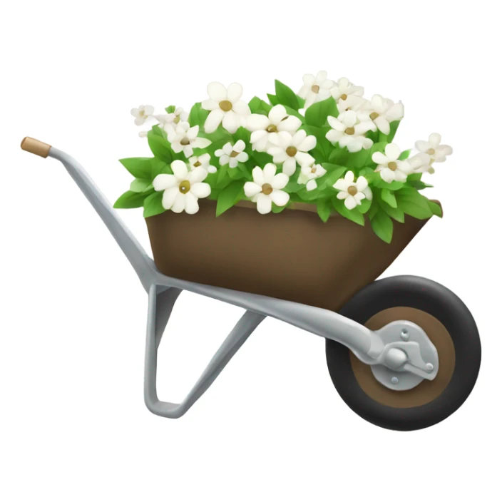 Brown wheelbarrow with white flowers inside no green  sticker