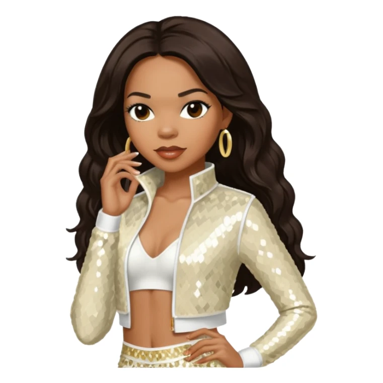 Tenitra Michelle Williams (b.1979), R&B Singer from Destiny's Child with long dark brown hair, ivory sequin outfit, medium dark skin sticker