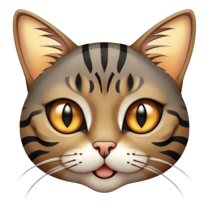 Cinematic Comical Grey and Black Brown Tabby Cat Portrait Emoji, Head tilted dramatically with an exaggeratedly shocked or offended expression, sleek grey-brown fur with bold black tabby stripes, wide amber eyes filled with exaggerated disbelief, Simplified yet hilariously expressive features, highly detailed, glowing with a slightly sassy glow, high shine, dramatic yet playful, stylized with an air of attitude, bright and endearing, soft glowing outline, capturing the essence of a sassy and over-the-top feline, so meme-worthy it feels like it could side-eye its way into internet fame instantly! sticker