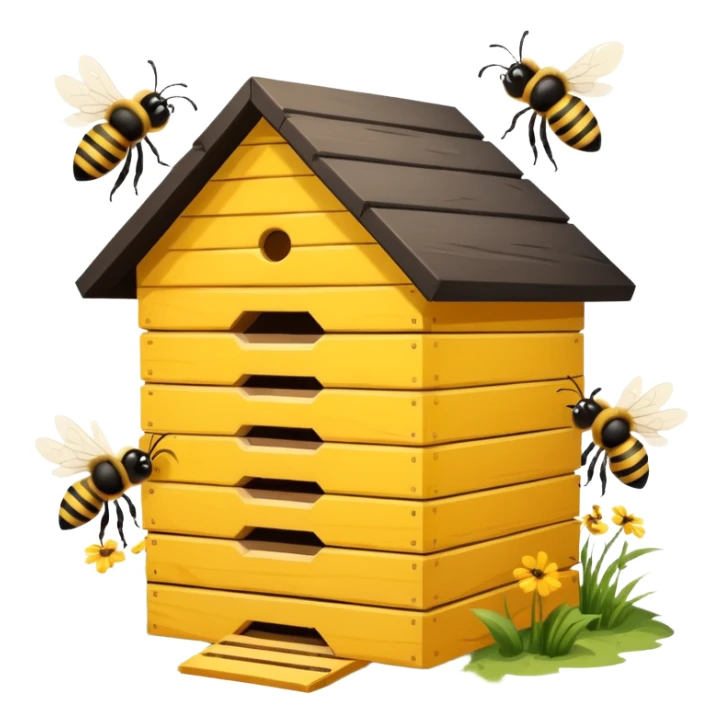 A wooden hive box with bees buzzing around the entrance. sticker