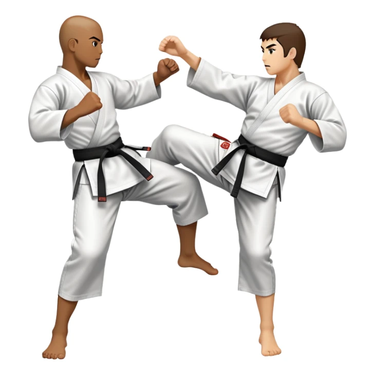 An icon symbolizing traditional Karate, featuring two opponents in a fierce battle. One fighter is delivering a high kick, while the other blocks the attack with a strong defense. The background reflects the calm yet intense atmosphere of a dojo, with traditional elements. Transparent background  sticker