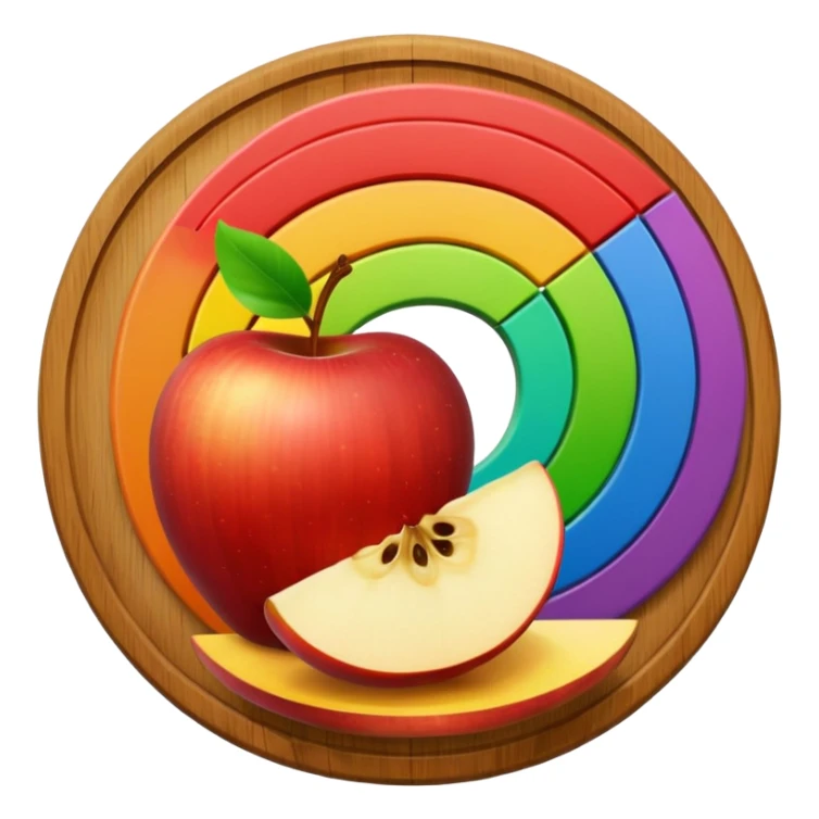 A round wooden board with a whole apple and several slices on it, with a rainbow outline sticker