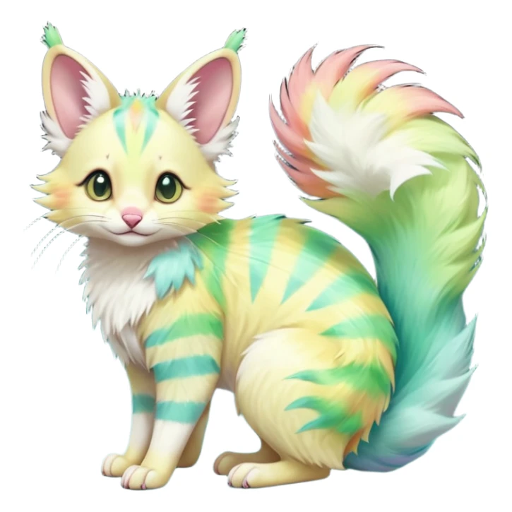  cute adorable yellow-green-turquoise-gradients albino fur with random colorful iridescent rainbow markings beautiful elegant pretty precious cute  Fakémon-Pokémon-opossum-feline-serval-caracal-chinchilla-Minccino-hybrid-creature with a big fluffy bushy striped tail (full body) sticker