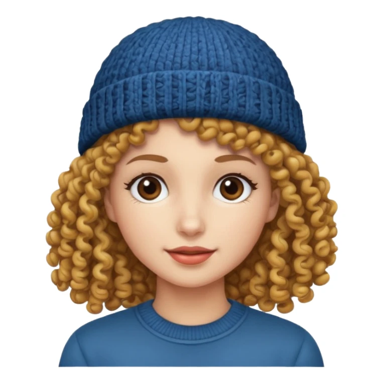 woman with curly hair and a beanie sticker