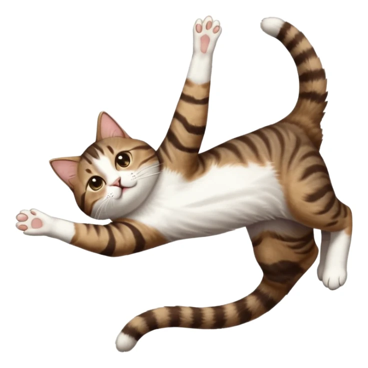 dark brown tabby and white cat with doing a big extremely long stretch reaching up into the air with arms and legs side by side together straight and overextended whilst lying on its side sticker