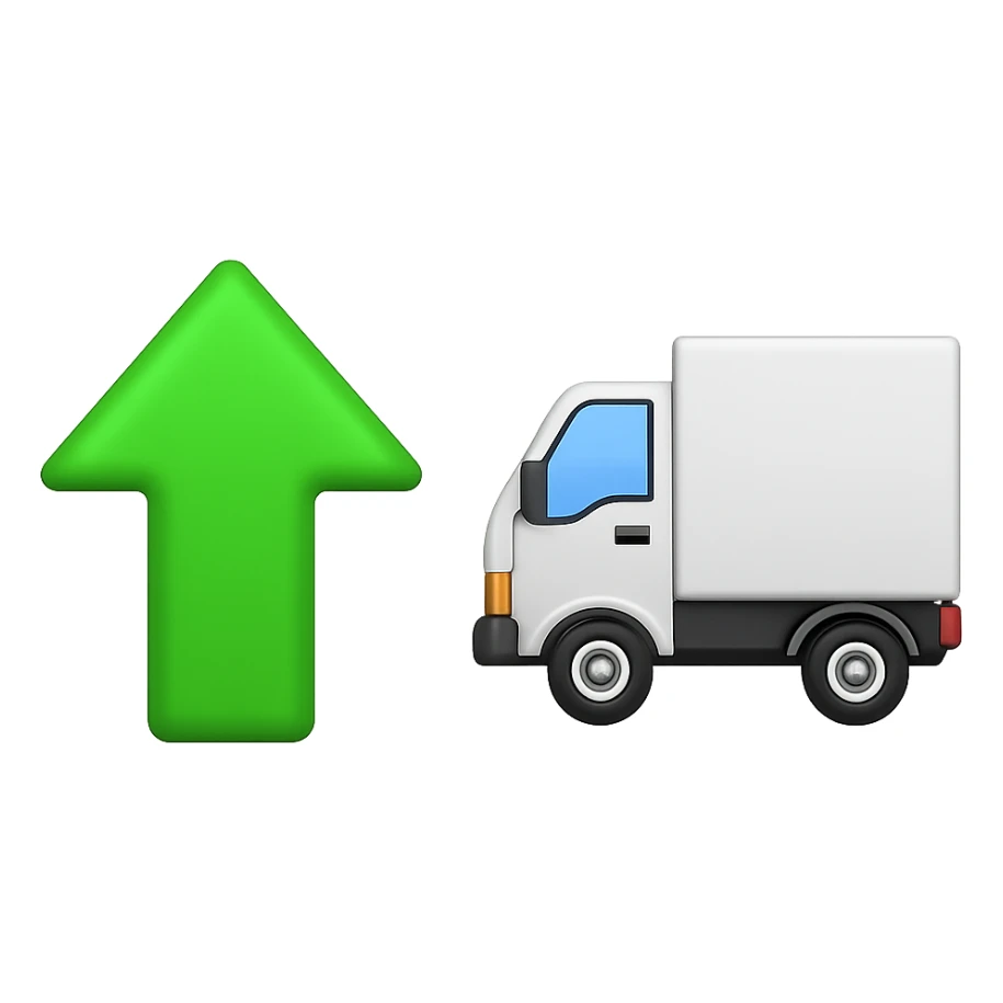Create an Apple-style emoji set featuring a single green upward arrow on the left and a delivery truck on the right. Both elements should be clearly separated. The background must be fully transparent with no color or pattern, mimicking real Apple emojis. sticker