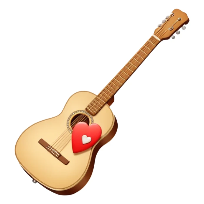 “Flat vector icon of a Cuban tres guitar in three-quarter view, warm brown, thick outline, centered on a warm cream or beige rounded-square (or circle); near the soundboard add a small red or pink heart with a soft glow and 2–3 tiny sparkles to suggest ‘soul’.  sticker