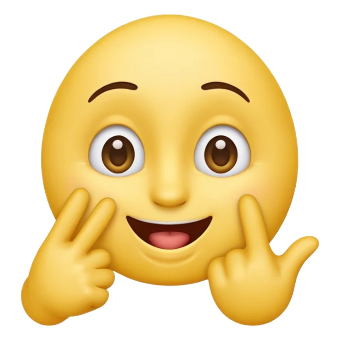 cute, playful emoji character inspired by the 🙃 upside-down face style. Rounded yellow face, big expressive eyes, cheerful smile with mouth slightly open. One hand raised with a finger gently touching the inside of the mouth in a thinking / cheeky gesture (not sexual). sticker