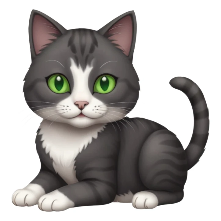 beautiful female solid dark grey cat with green eyes, white toes/paws and white patch on her chest rolling over sticker