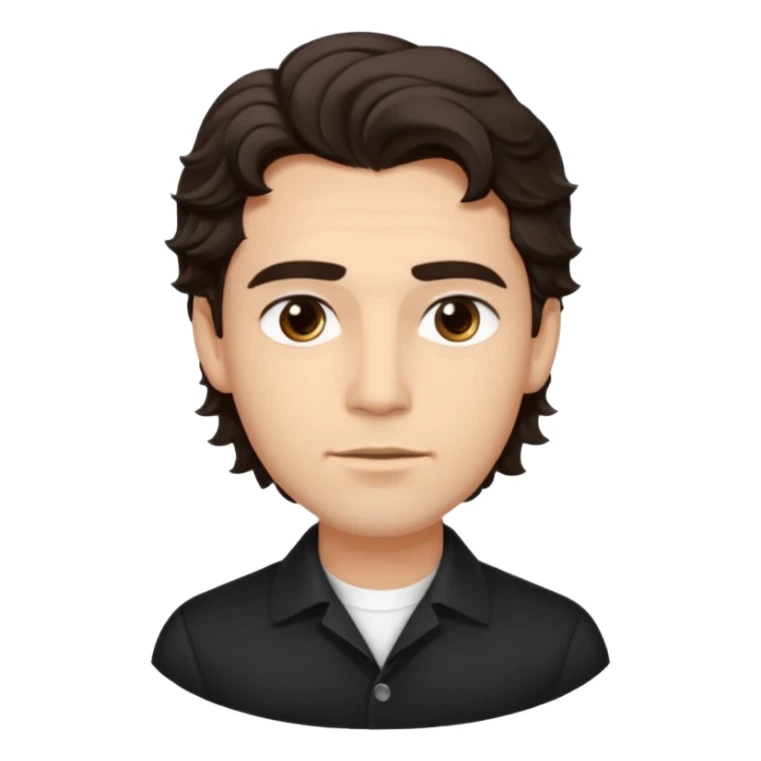 He’s a man with light to medium skin, a defined oval face, full brows, deep-set eyes, and wavy short dark brown tall hair styled with height, sides are trimmed. expression calm and focused relaxed black open-collar .polished, articulate, and coach vibe. sticker