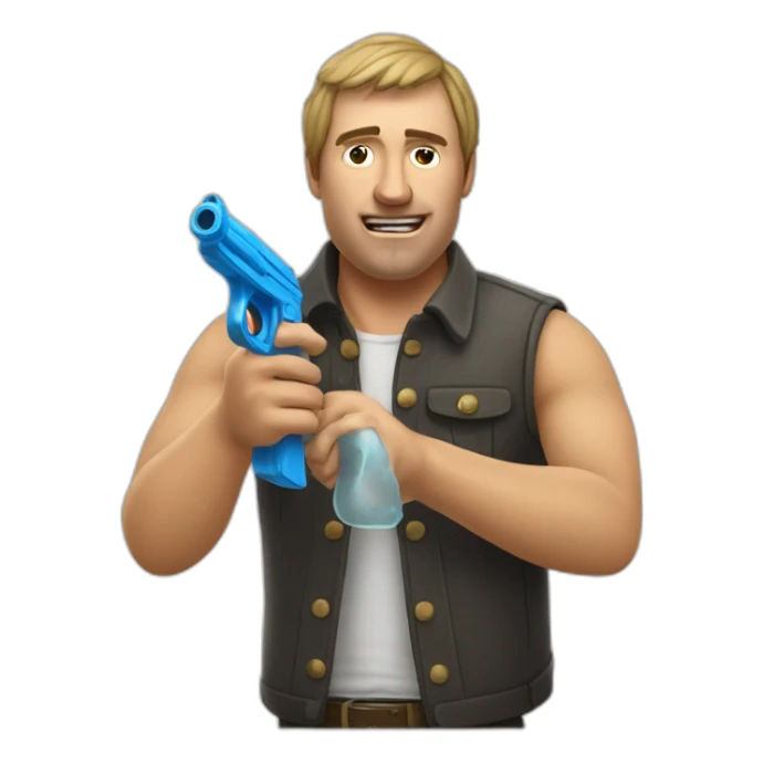 Man with a water pistol pretending to play Russian roulette as a joke sticker