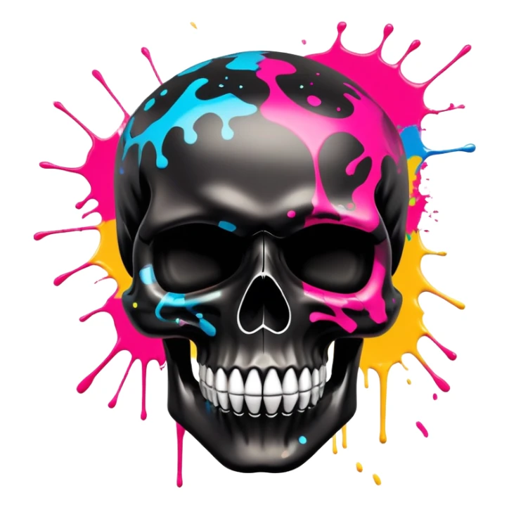 limited edition black skull with luxury haute couture logo patterns, perfectly contained neon paint splatters, museum-quality graffiti art detail, dramatic angle view sticker
