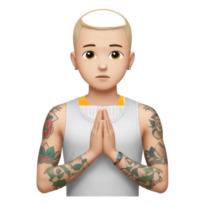 A 20 year old white man with a buzz cut and tattoos all over his arms and chest. Pleading face with hands praying wearing a white tanktop sticker