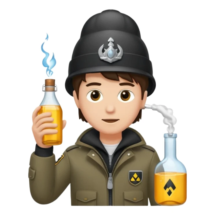 erstell ein bild Von eine jungen der braune augen hat eine sturmhaube trägt und eine Jacky flasche in der Hand hebt plus eine Jacke mit schwarzen fell sticker