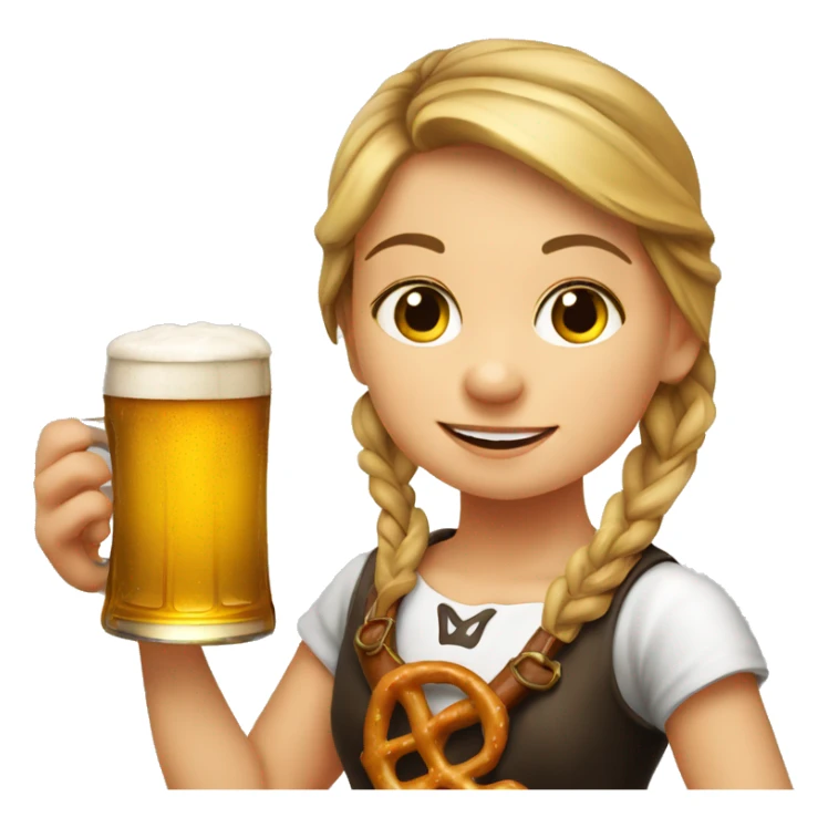 Young German girl drinking beer with a pretzel wearing a drindl sticker