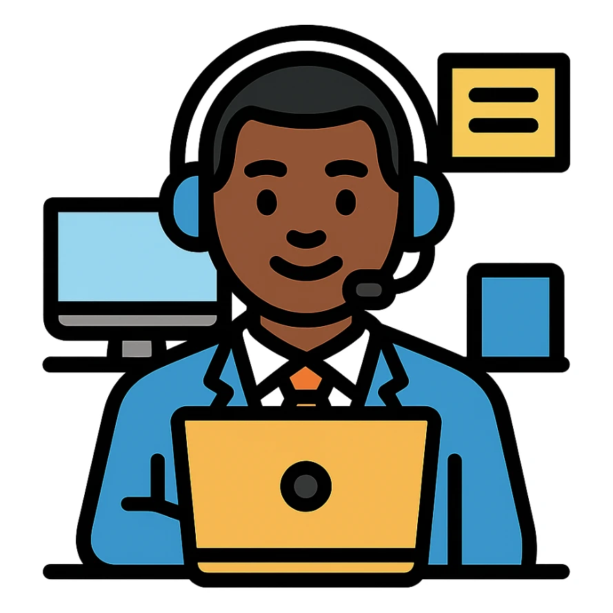 black agent working at a call center, wearing a headset, professional and friendly expression, office background sticker