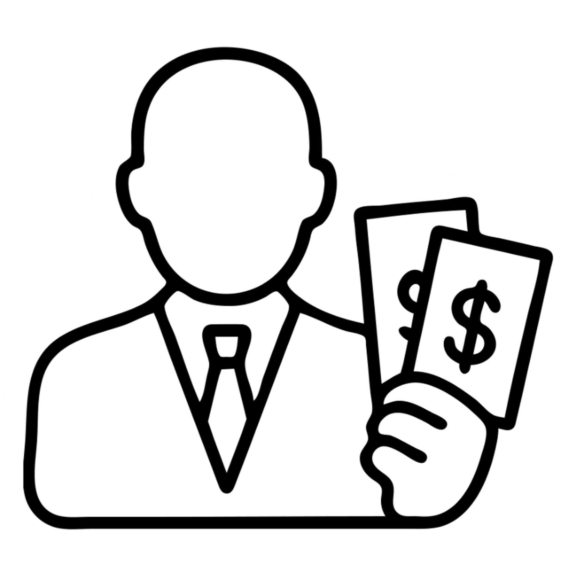 Business man holding dollar bills, wealthy person with cash sticker