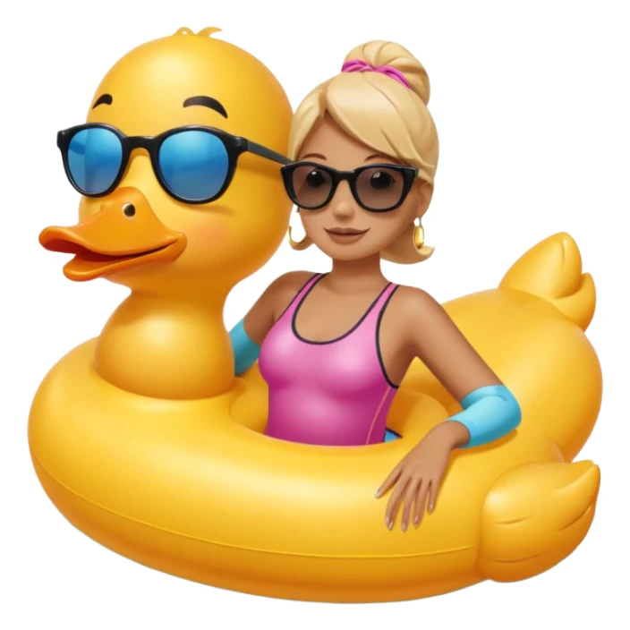 character sitting on a water play duck tube, bright expression, summer atmosphere sticker