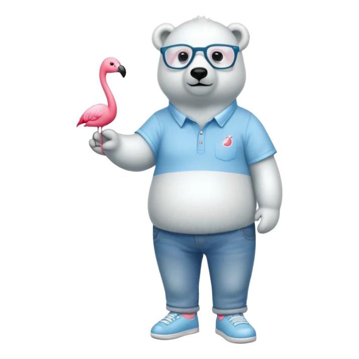 friendly anthropomorphised polar bear standing upright, chilled and unbothered, wearing a shirt, jeans, trainers, glasses decorated with small flamingo figures sticker