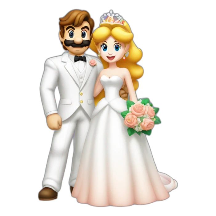 Mario and Princess Peach at their wedding, dressed in wedding attire, with Peach holding a bouquet and Mario in a white suit sticker